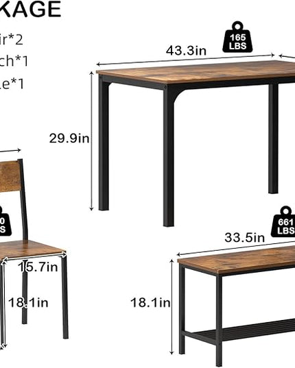 sogesfurniture 4 Piece Dining Table Set, Dining Room Set, Kitchen Dinner Table with Benches for 4, includes Table, 2 Chairs & Bench, Rustic Brown - LeafyLoom
