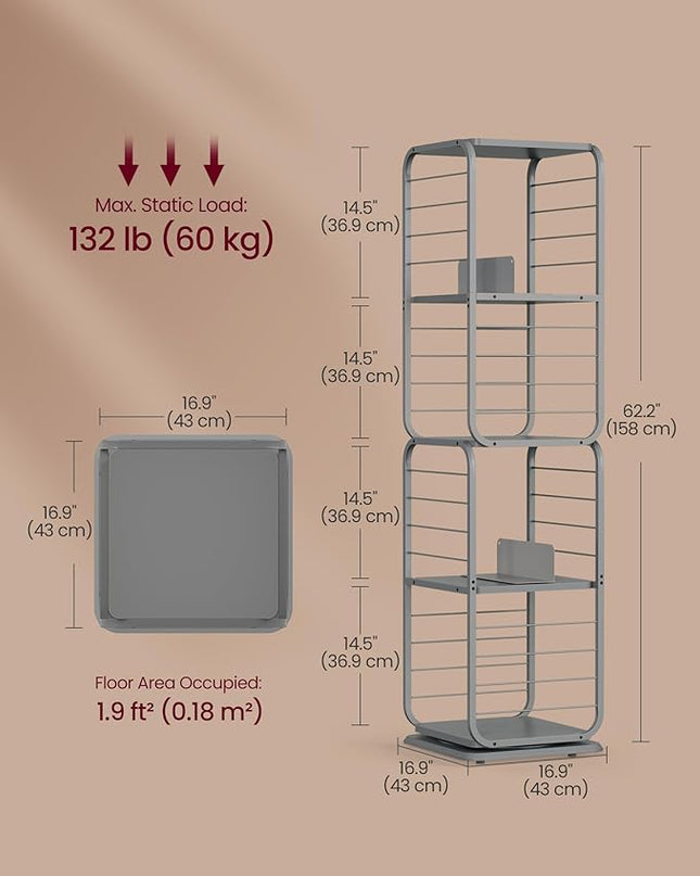 VASAGLE 4-Tier Rotating Bookshelf, Bookcase with Bookends for Small Spaces, Corner Shelf, Steel Frame, Dove Grey ULLS127G36 - LeafyLoom