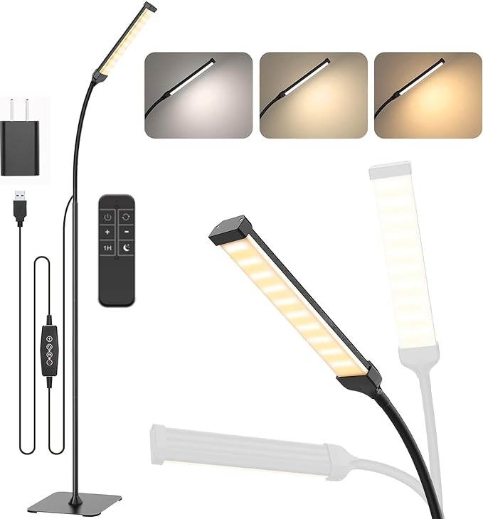LED Floor Lamp with Remote Control, Reading Lamps Floor Standing [USB Plug with Adapter] LED Floor Light with 120 LEDs with 3 Color Temperature 3000K 4500K 6000K & 5 Levels of Brightness - LeafyLoom