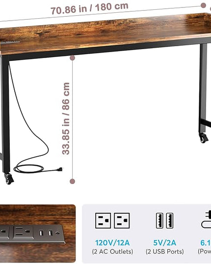 70.8" Standing Desk with Charging Station, Extra Long Desk on Wheels for Standing and Sitting, Sofa Table Behind Couch with Power Outlets and USB Ports, Easy Assembly, Walnut - LeafyLoom