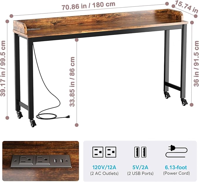 70.8" Standing Desk with Charging Station, Extra Long Desk on Wheels for Standing and Sitting, Sofa Table Behind Couch with Power Outlets and USB Ports, Easy Assembly, Walnut - LeafyLoom