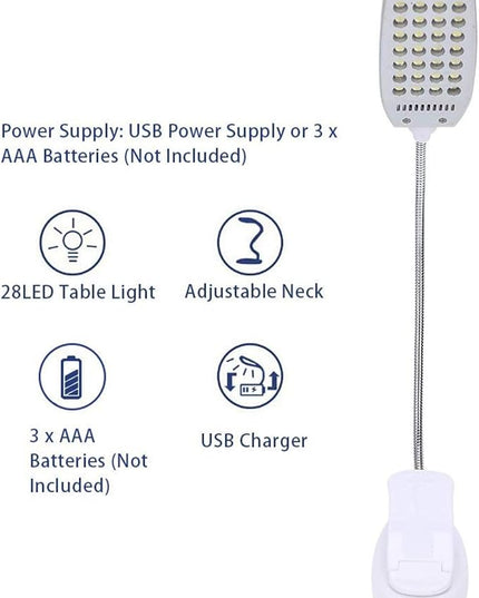 Haofy 6W Desk Lamp 28 LED Clip on Reading Light Clamp Book Light 360 Degree Rotating Table Desk Lamp Eye-Care Lamp Bedside Reading Light USB Rechargeable/Battery - LeafyLoom