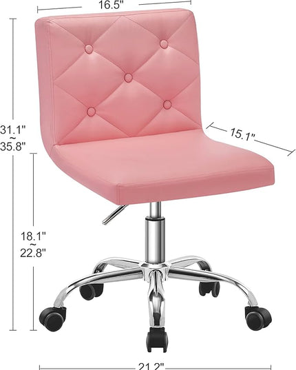 VECELO PU Leather Mid-Back Armless Desk Chair Adjustable Height 360° Rolling Swivel for Home Office Work, Pink - LeafyLoom