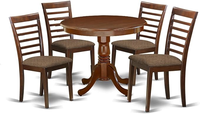 East West Furniture ANML5-MAH-C 5 Piece Modern Set Includes a Round Table with Pedestal and 4 Linen Fabric Kitchen Dining Chairs, 36x36 Inch, Mahogany - LeafyLoom