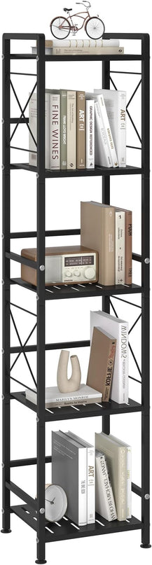 JSB 5 Tier Metal Bookshelf Bathroom Storage Standing Shelf Unit Kitchen Storage Organizer Display Rack Bookcases Shelves for Living Room, Bedroom, Office (Black, 5 Tier) - LeafyLoom