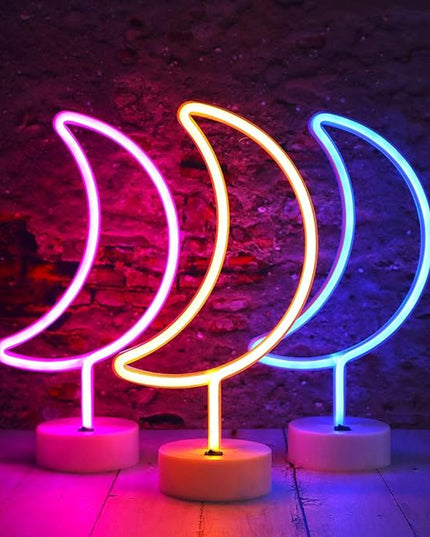 LED Moon Neon Signs, Crescent Night Lights USB Battery Operated Moon Lamp for Birthday Party, Wedding, Halloween, Christmas Decorations-Moon with Holder Base(Warm White) - LeafyLoom