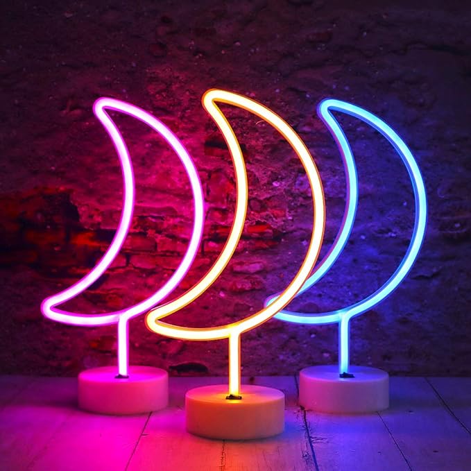 LED Moon Neon Signs, Crescent Night Lights USB Battery Operated Moon Lamp for Birthday Party, Wedding, Halloween, Christmas Decorations-Moon with Holder Base(Warm White) - LeafyLoom