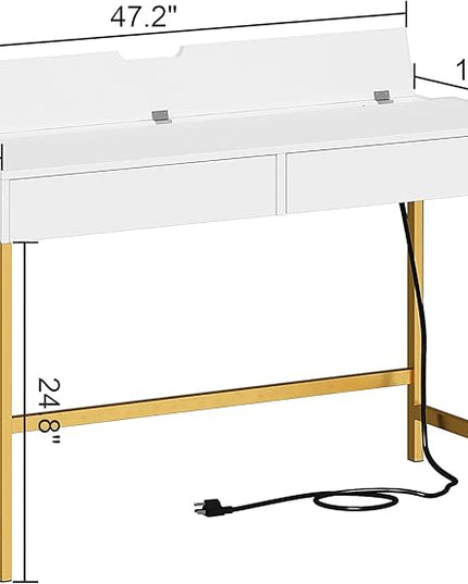 Treocho Computer Desk with USB Charging Ports and Power Outlets, Modern Simple 47 inch Vanity Desk with 2 Drawers, Makeup Table for Home Office, Bedroom, White and Gold - LeafyLoom