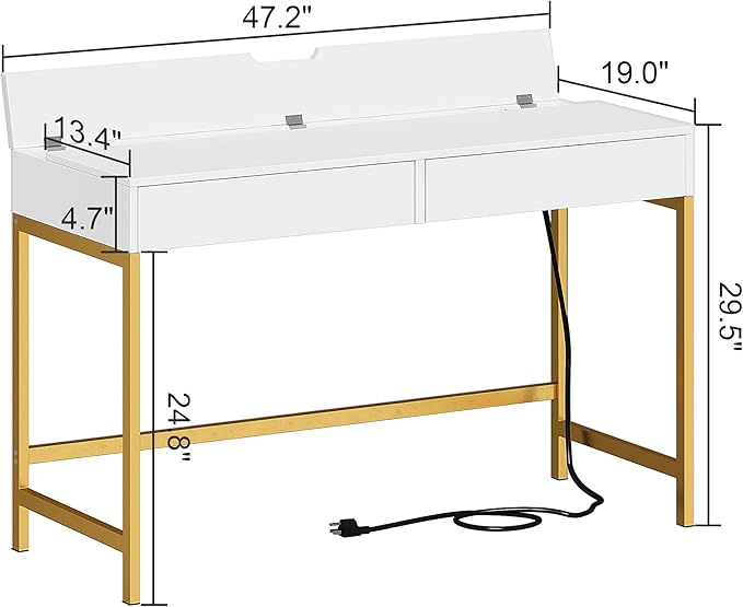 Treocho Computer Desk with USB Charging Ports and Power Outlets, Modern Simple 47 inch Vanity Desk with 2 Drawers, Makeup Table for Home Office, Bedroom, White and Gold - LeafyLoom