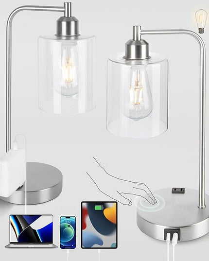 Yarra-Decor 【Upgraded Industrial Bedside Table Lamp Set of 2 3-Way Dimmable Lamps for Bedroom USB Nightstand Lamp with Glass Shade Reading Table Lamps for Dorm, Office (LED Bulb Included) - LeafyLoom