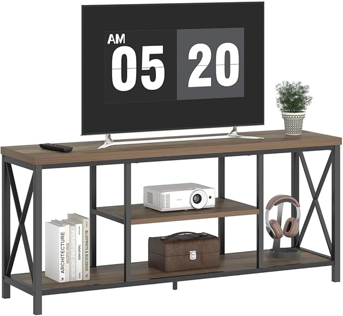 FOLUBAN TV Stand for TV up to 65 inch, Rustic Wood and Metal Entertainment Center with Storage Shelves, Modern Industrial Media TV Console Table for Living Room, Oak 55 inch - LeafyLoom