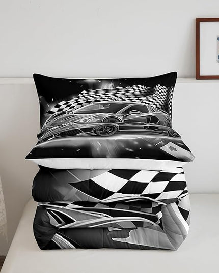 Feelyou Racing Car Comforter Set, Cool Speed Race Car Down Comforter King for Kids Boys Girls Teens Bedroom, Automobile Extreme Sport Bedding Set Plaid Checkered Duvet Sets with 2 Pillowcases,Grey - LeafyLoom