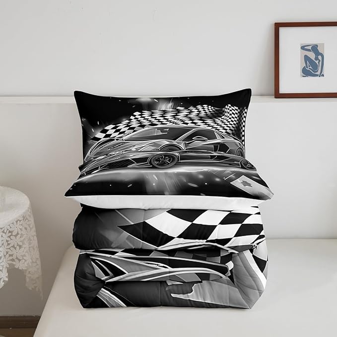 Feelyou Racing Car Comforter Set, Cool Speed Race Car Down Comforter King for Kids Boys Girls Teens Bedroom, Automobile Extreme Sport Bedding Set Plaid Checkered Duvet Sets with 2 Pillowcases,Grey - LeafyLoom