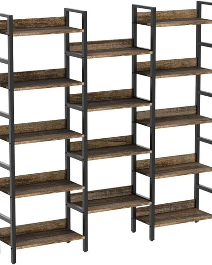 IRONCK Bookcases and Bookshelves Triple Wide 5 Tiers Industrial Bookshelf with Baffles Large Etagere Bookshelf with Metal Frame for Living Room Home Office - LeafyLoom