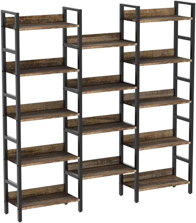 IRONCK Bookcases and Bookshelves Triple Wide 5 Tiers Industrial Bookshelf with Baffles Large Etagere Bookshelf with Metal Frame for Living Room Home Office - LeafyLoom
