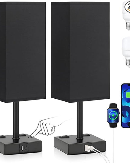 aooshine Black Base Black Shade Set of 2 Touch Lamp with USB Port-Nightstand Lamp with USB-C+A Charge Ports& AC Outlets, 3-Way Dimmable Bedside Lamp, Small Table Lamp for Bedroom(Bulb Included) - LeafyLoom