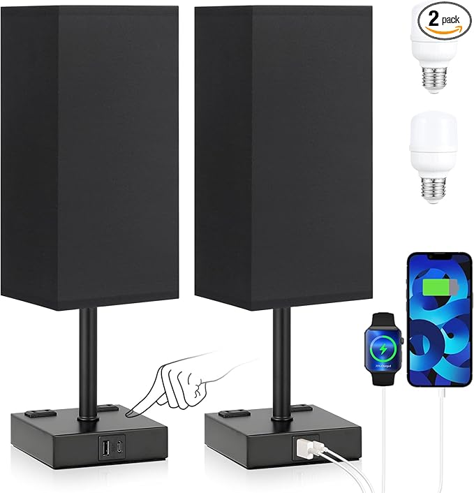 aooshine Black Base Black Shade Set of 2 Touch Lamp with USB Port-Nightstand Lamp with USB-C+A Charge Ports& AC Outlets, 3-Way Dimmable Bedside Lamp, Small Table Lamp for Bedroom(Bulb Included) - LeafyLoom