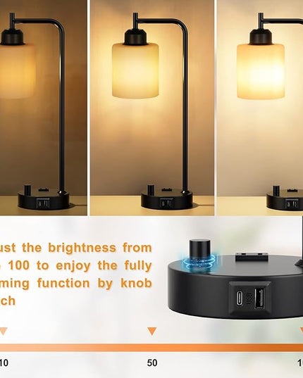 Industrial Bedroom Table Lamps for Bedside - White Opal Glass Shade Desk Lamps with USB C Port, Fully Dimmable Black Lamps with USB Port and Outlet, Reading Nightstand Lamp for Office Living Room - LeafyLoom