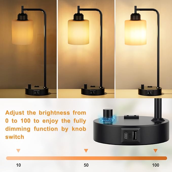 Industrial Bedroom Table Lamps for Bedside - White Opal Glass Shade Desk Lamps with USB C Port, Fully Dimmable Black Lamps with USB Port and Outlet, Reading Nightstand Lamp for Office Living Room - LeafyLoom
