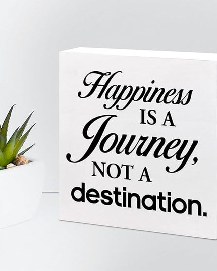 Motivational Wood Box Sign Desk Decor,Happiness is a Journey not a Destination Wood Plaque Signs,Rustic Wooden Block Sign Decor for Home Office Shelf Table Decoration C1081 - LeafyLoom