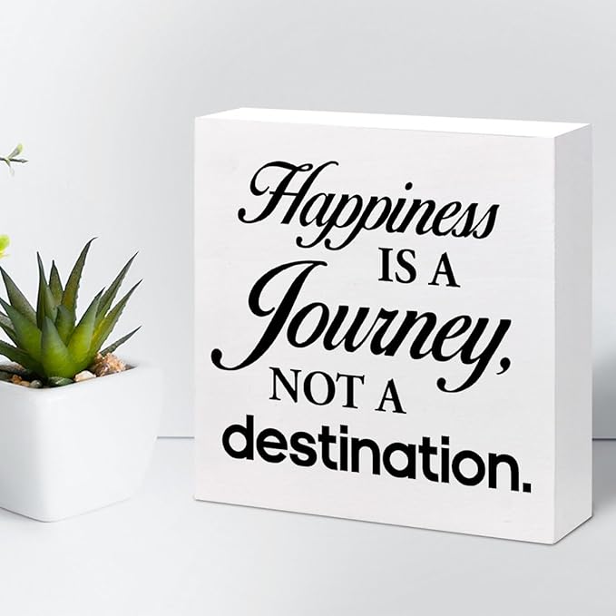 Motivational Wood Box Sign Desk Decor,Happiness is a Journey not a Destination Wood Plaque Signs,Rustic Wooden Block Sign Decor for Home Office Shelf Table Decoration C1081 - LeafyLoom