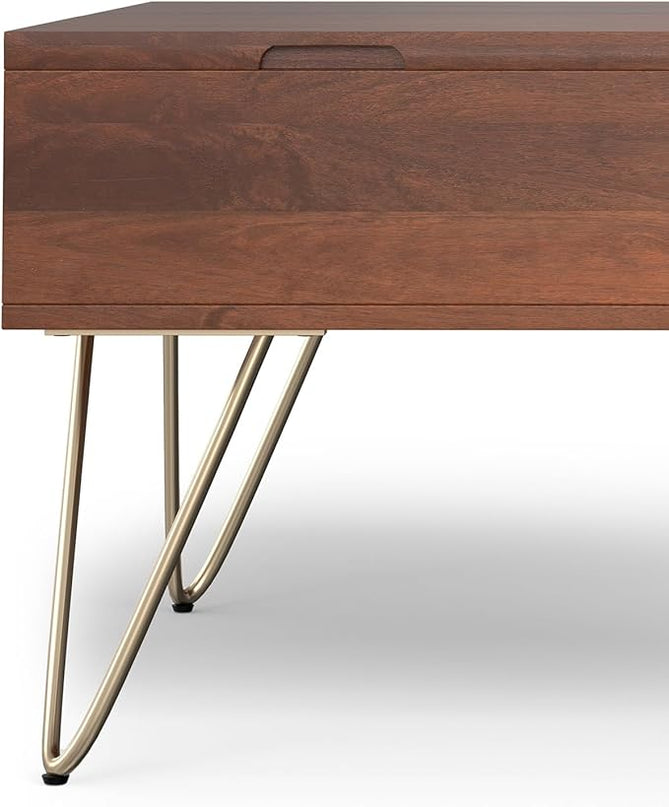 SIMPLIHOME Hunter SOLID MANGO WOOD Wide Square Industrial Lift Top Coffee Table for The Living Family Room, 32 inch, Umber Brown, Gold - LeafyLoom