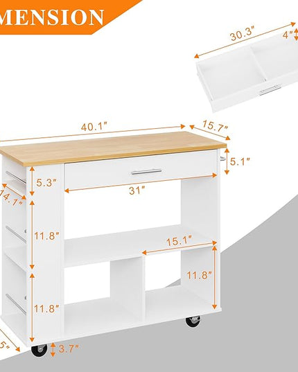 Shintenchi Kitchen Island on Wheels with Large Work Countertop, Storage Island & Cart with 3-Tier Spice Rack, 3 Open Shelves and 1 Drawer, White - LeafyLoom