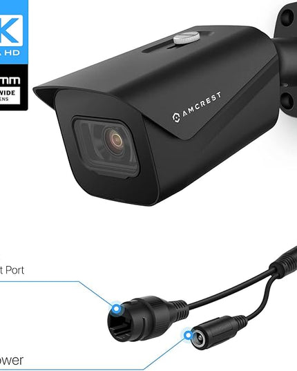 Amcrest UltraHD 4K (8MP) Outdoor Bullet Security IP POE Camera, 98ft NightVision, 2.8mm Lens, IP67 Weatherproof, 256GB MicroSD Recording, Black (IP8M-2496EB-V2) Amcrest