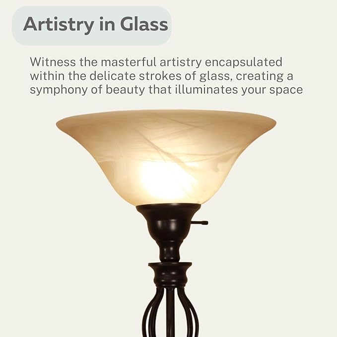 LIGHTACCENTS Bronze Floor Lamp with Alabaster Glass Bowl Shade for Living Room Decor - Torchiere Floor Lamps- Tall Floor Lamp - Traditional Iron Scrollwork Unique Floor Lamp for Living Room - LeafyLoom