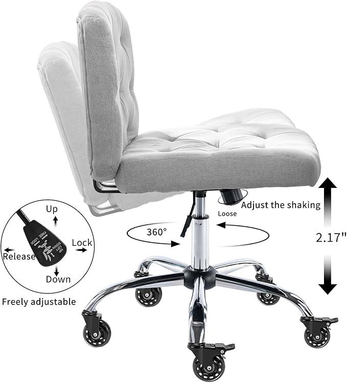 Criss Cross Chair with Wheels, Comfy Fabric Cross Legged Office Chair for Adult, Armless Wide Seat Desk Chair with Lumbar Pillow,Swivel Vanity Chair for Home Office, Conference (Grey) - LeafyLoom
