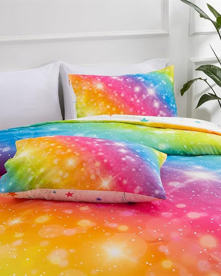 Holawakaka Girls Ombre Glitter Comforter Set, Twin Size Gradient Rainbow Galaxy Print Kids Bedding Sets, Multi-Color Ultra-Soft Dorm Bed Set (Multi-color,Twin) - LeafyLoom