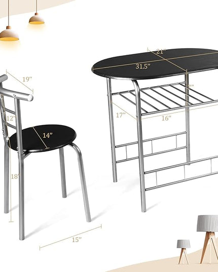 DORTALA 3PCS Dining Table Set, 1 table & 2 chairs set, 3 Piece Compact Dining Set, Oval Table & Mid-back Chairs w/Built-in Wine Rack, Suitable for Small Space, Black & Silver - LeafyLoom