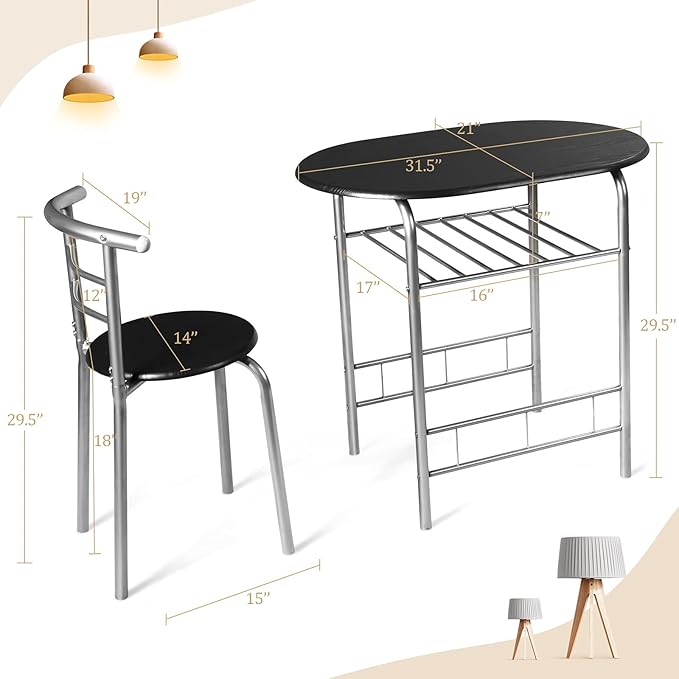 DORTALA 3PCS Dining Table Set, 1 table & 2 chairs set, 3 Piece Compact Dining Set, Oval Table & Mid-back Chairs w/Built-in Wine Rack, Suitable for Small Space, Black & Silver - LeafyLoom