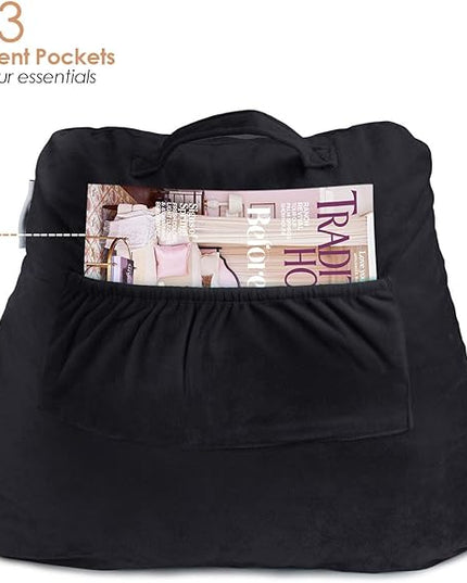 Nestl Reading Pillow with Portable Laptop Lap Desk, Velvet Feel Back Pillow for Sitting in Bed, Shredded Memory Foam Back Support Pillow for Bed, Bed Rest Pillow with Arms, Standard - Black - LeafyLoom