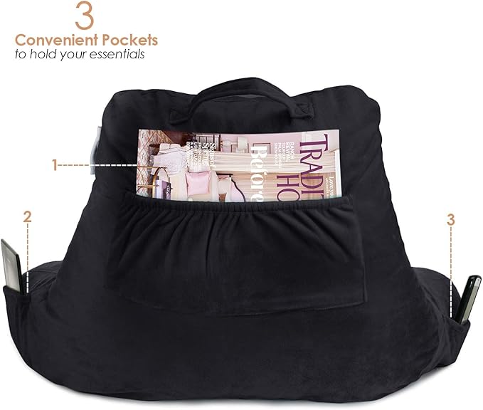 Nestl Reading Pillow with Portable Laptop Lap Desk, Velvet Feel Back Pillow for Sitting in Bed, Shredded Memory Foam Back Support Pillow for Bed, Bed Rest Pillow with Arms, Standard - Black - LeafyLoom