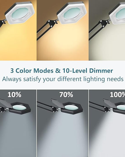 Magnifying Glass with Light and Stand, Dimmable LED Magnifier Desk Lamp with Clamp, 3 Color Modes, Hands Free Magnifying Lights for Close Work, Repair, Swing Arm Magnifying Work Light with Base - LeafyLoom