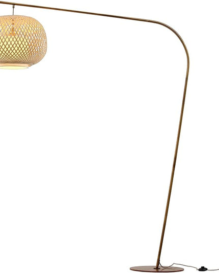 FOS - Modern Bohemian Chic Arch Floor Lamp with Woven Bamboo + Linen Shade - Brushed Brass Finish, Ambient Home Lighting in Living Room, Bedroom, Study, Nursery - LeafyLoom