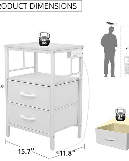 Nightstands set 2 for Bedroom Decor, Bedside Table with Charging Station, Night Stands with Fabric Drawers and Open Shelf, Side Table with USB Ports & Outlets(White,2) - LeafyLoom