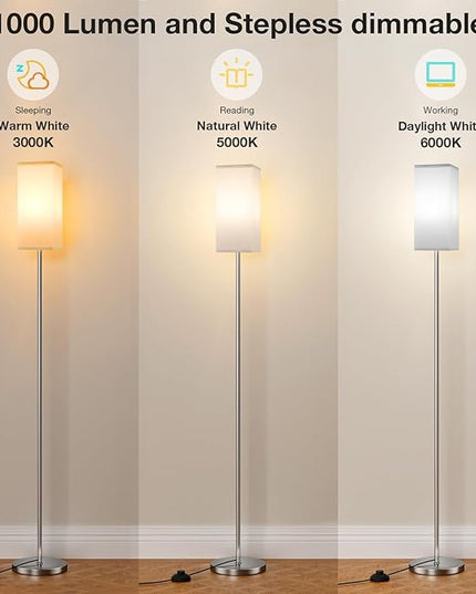 Ambimall Remote Control Floor Lamp, Stepless Dimmable, 64 Inches Tall, Include 9W Bulb, Standing Lamp for Living Room Bedroom Office (White & Sliver) - LeafyLoom