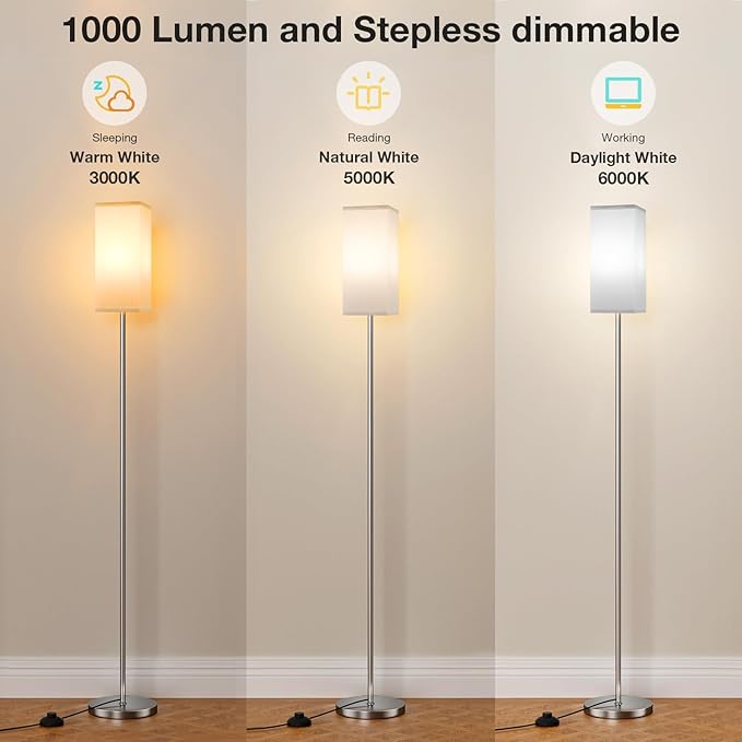Ambimall Remote Control Floor Lamp, Stepless Dimmable, 64 Inches Tall, Include 9W Bulb, Standing Lamp for Living Room Bedroom Office (White & Sliver) - LeafyLoom