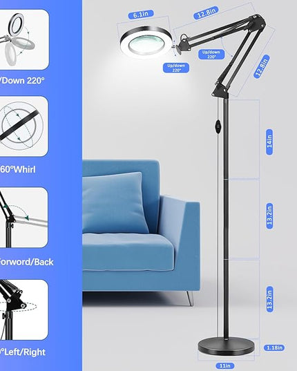 3-in-1 Large Floor Magnifying Glass with Light and Stand,10X Magnifying Glass for Reading,Adjustable 72 LED Light Stepless Dimmable,Floor Magnifier Lamp for Close Work,Sewing, Crafts - LeafyLoom