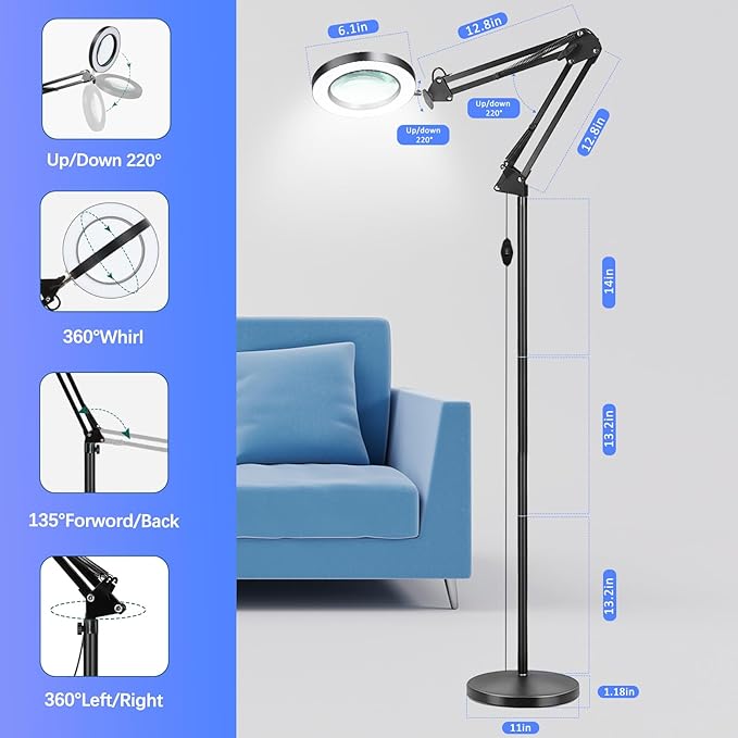 3-in-1 Large Floor Magnifying Glass with Light and Stand,10X Magnifying Glass for Reading,Adjustable 72 LED Light Stepless Dimmable,Floor Magnifier Lamp for Close Work,Sewing, Crafts - LeafyLoom