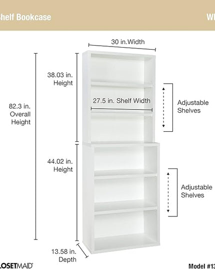 ClosetMaid Bookshelf with 6 Shelf Tiers, Adjustable Shelves, Tall Bookcase Hutch, Sturdy Wood With Closed Back Panel, White Finish - LeafyLoom