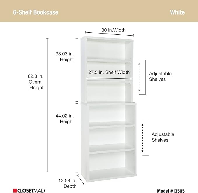 ClosetMaid Bookshelf with 6 Shelf Tiers, Adjustable Shelves, Tall Bookcase Hutch, Sturdy Wood With Closed Back Panel, White Finish - LeafyLoom