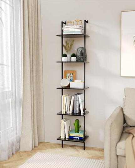 Nidouillet 5 Tier Ladder Shelf, 70-Inch Wall Mounted Ladder Bookshelf Metal Frame Storage Rack and Industrial Display Shelves for Living Room Bedroom Home Office - Black - LeafyLoom
