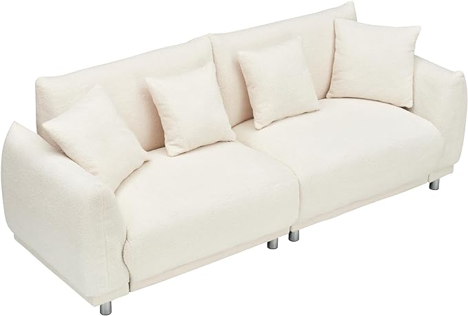 Modular Teddy Fleece Cloud 3 Seater Sofa Deep Seat Upholstered W/Metal Legs, Comfy Leisure Couch Beautiful Shape Bread Sofa&Couch with 4 Pillows for Living Room, 86.6", Beige-1658 - LeafyLoom