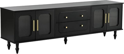 Merax Retro Design TV Stand with Fluted Glass Doors and 2 Drawers and Cabinets for Televisions Up to 78'', Practical Media Console, Elegant Entertainment Center for Living Room, Black - LeafyLoom