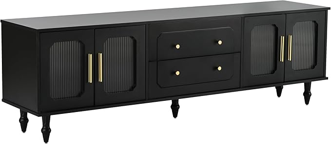 Merax Retro Design TV Stand with Fluted Glass Doors and 2 Drawers and Cabinets for Televisions Up to 78'', Practical Media Console, Elegant Entertainment Center for Living Room, Black - LeafyLoom