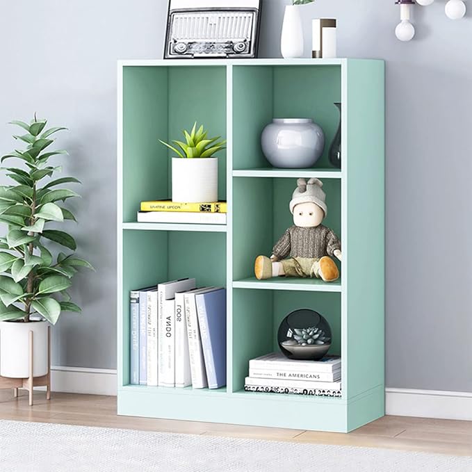 IOTXY Open Shelf Low Bookcase - Wooden 3-Tier Floor Standing Display Cabinet Organizer with Base, 5 Cubes Short Horizontal Bookshelf in Tiffany-Green - LeafyLoom
