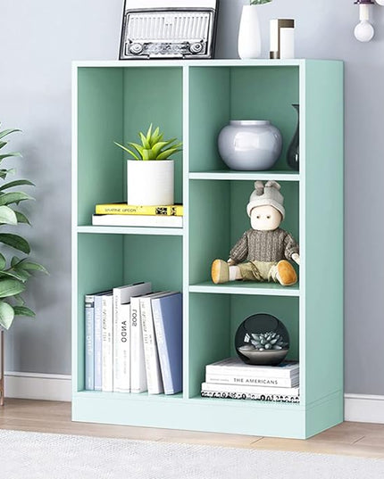 IOTXY Open Shelf Low Bookcase - Wooden 3-Tier Floor Standing Display Cabinet Organizer with Base, 5 Cubes Short Horizontal Bookshelf in Tiffany-Green - LeafyLoom